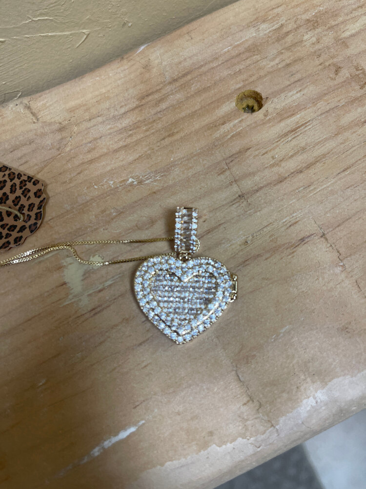 Gold CZ Heart Locket Pendant Necklace