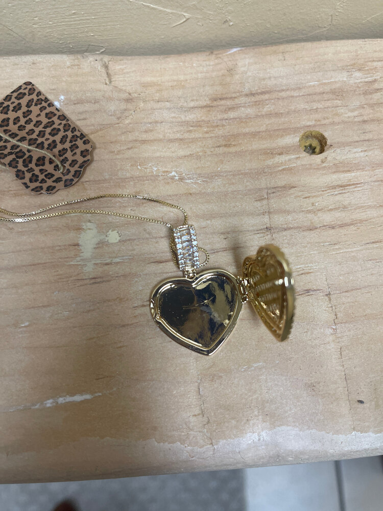 Gold CZ Heart Locket Pendant Necklace