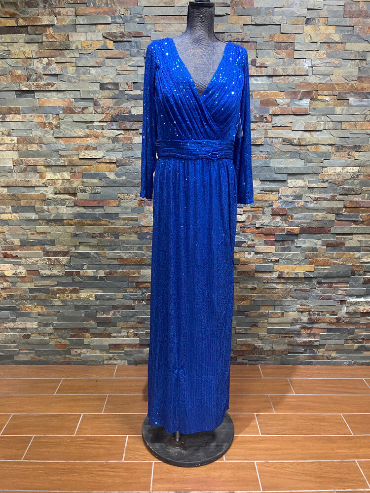 Royal Blue Long Sleeve Gown with Front Slit, Size 20