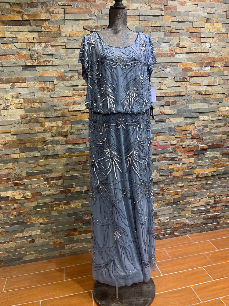Adrianna Papell Dusty Blue Sequin Gown with Cap Sleeves, Size 20W
