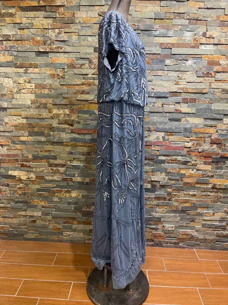 Adrianna Papell Dusty Blue Sequin Gown with Cap Sleeves, Size 20W