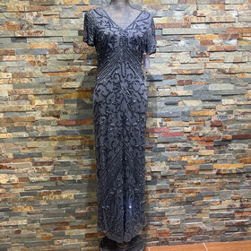 Pisarro Nights Slate Gray Beaded Double V Gown, with Shortsleeves, Size 6