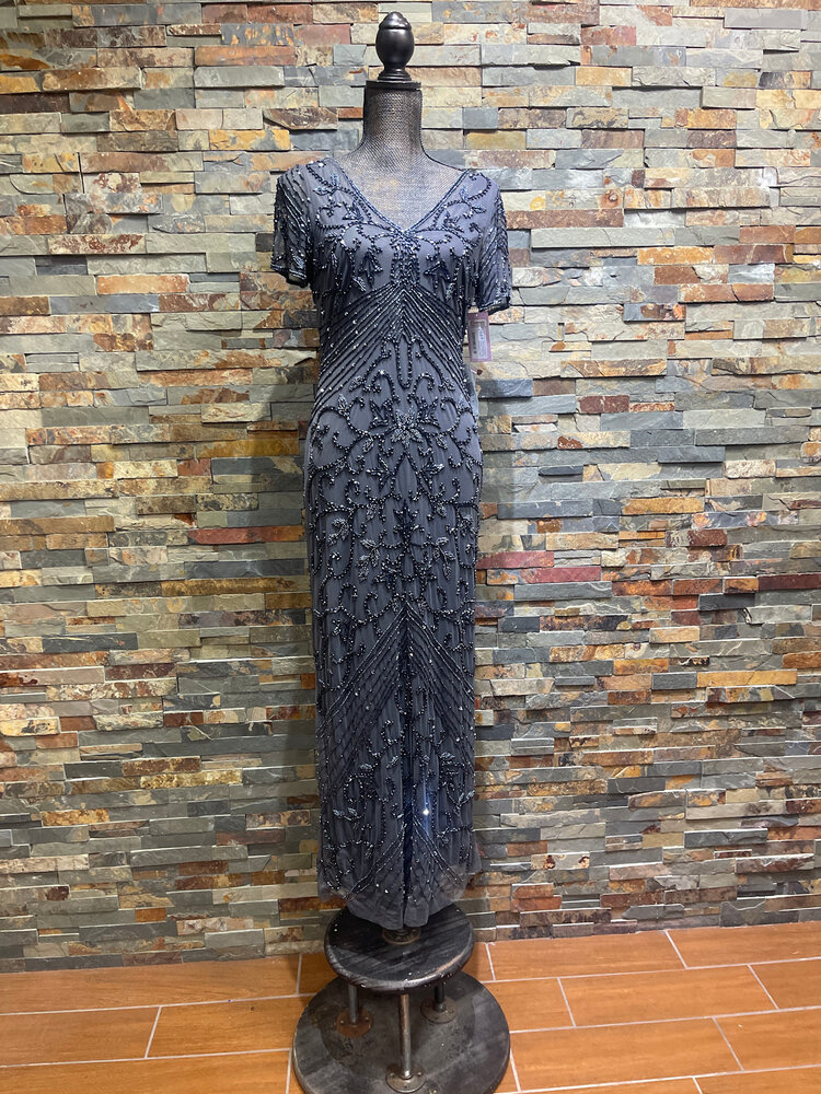 Pisarro Nights Slate Gray Beaded Double V Gown, with Shortsleeves, Size 6