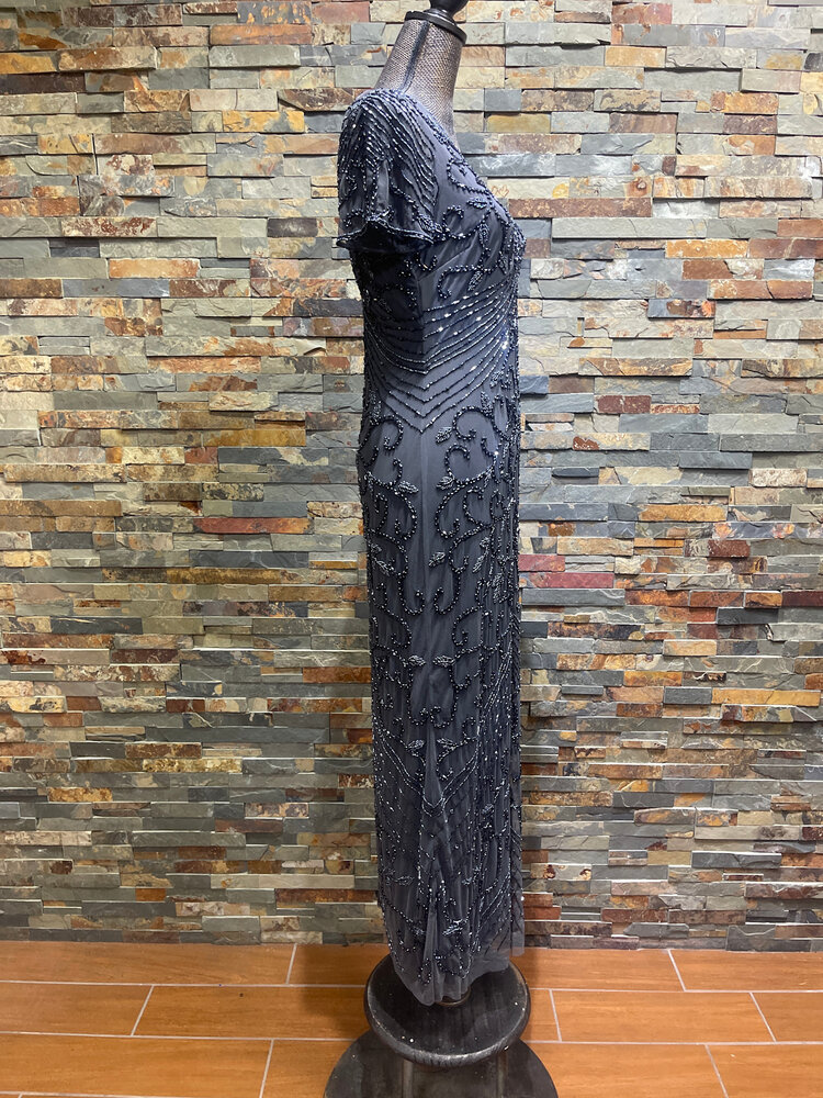 Pisarro Nights Slate Gray Beaded Double V Gown, with Shortsleeves, Size 6