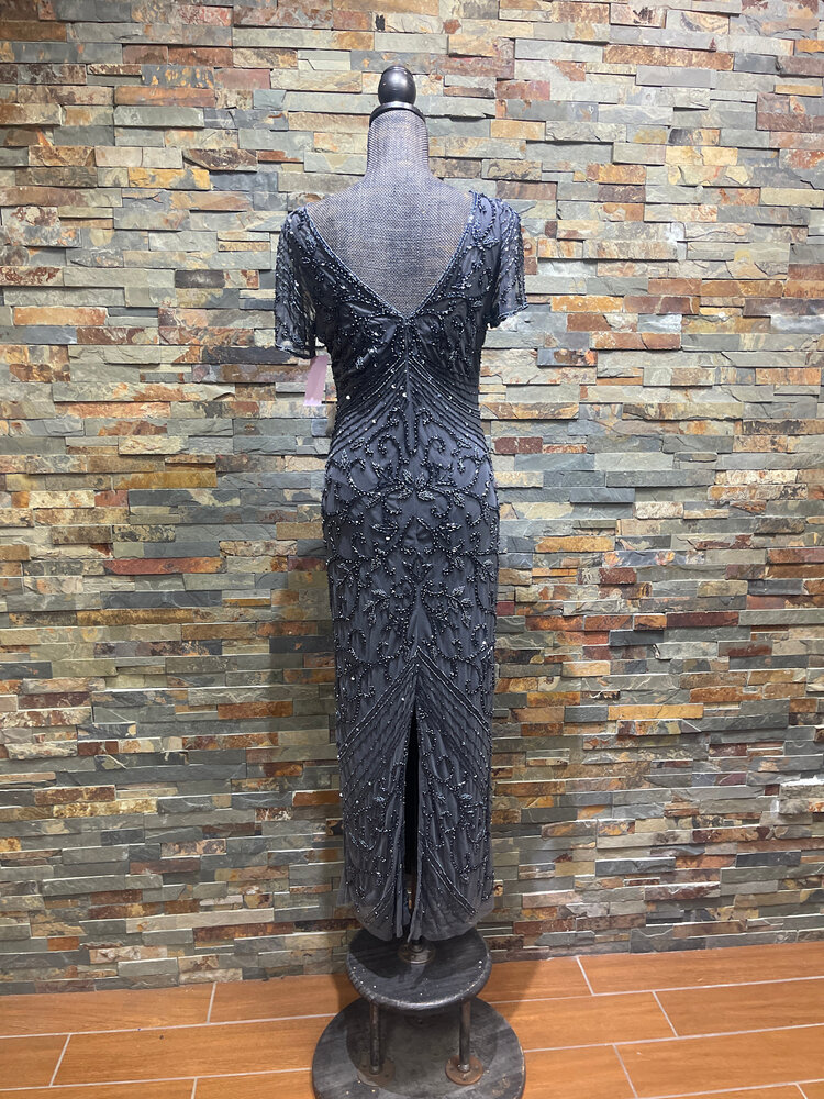 Pisarro Nights Slate Gray Beaded Double V Gown, with Shortsleeves, Size 6