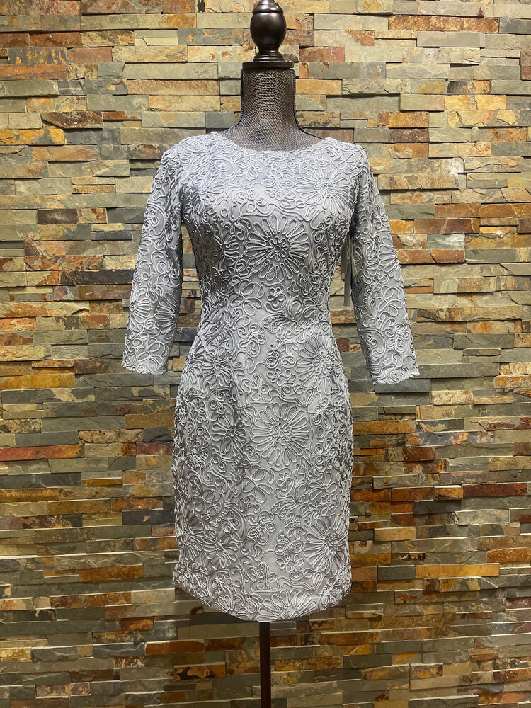 Aidan Mattox Gray Longsleeve Dress with Rope Soutache Embroidery, Size 8