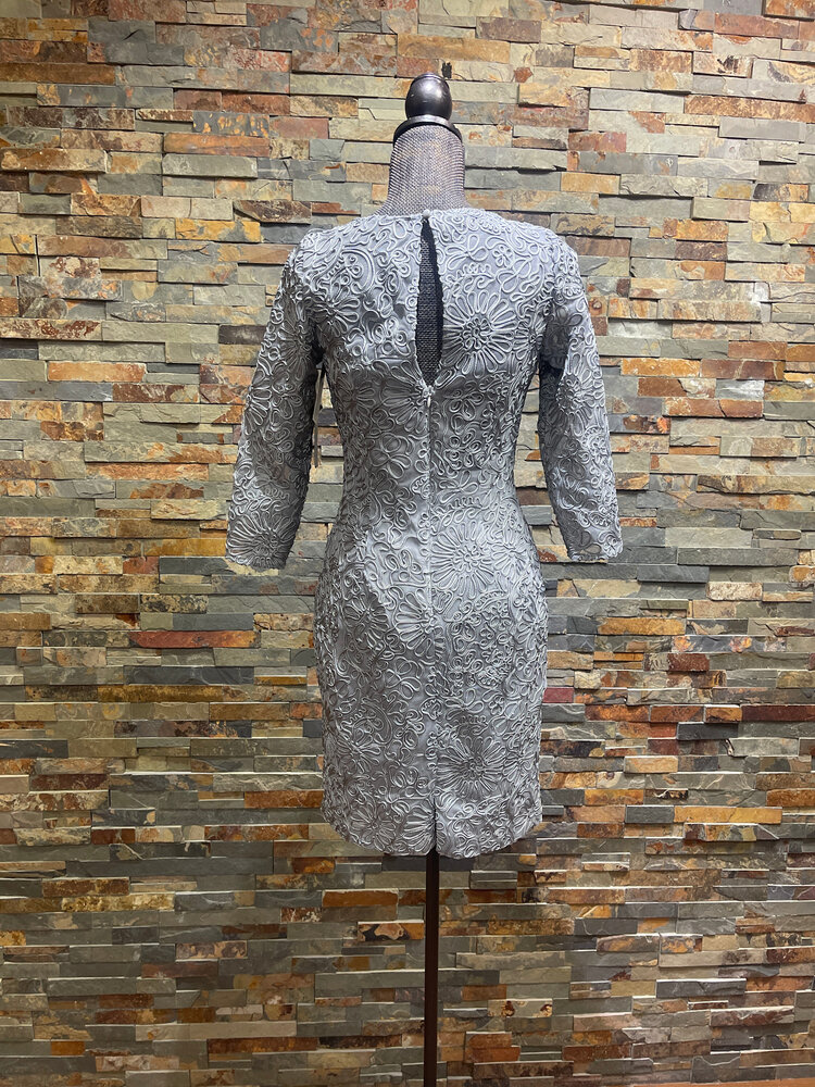 Aidan Mattox Gray Longsleeve Dress with Rope Soutache Embroidery, Size 8