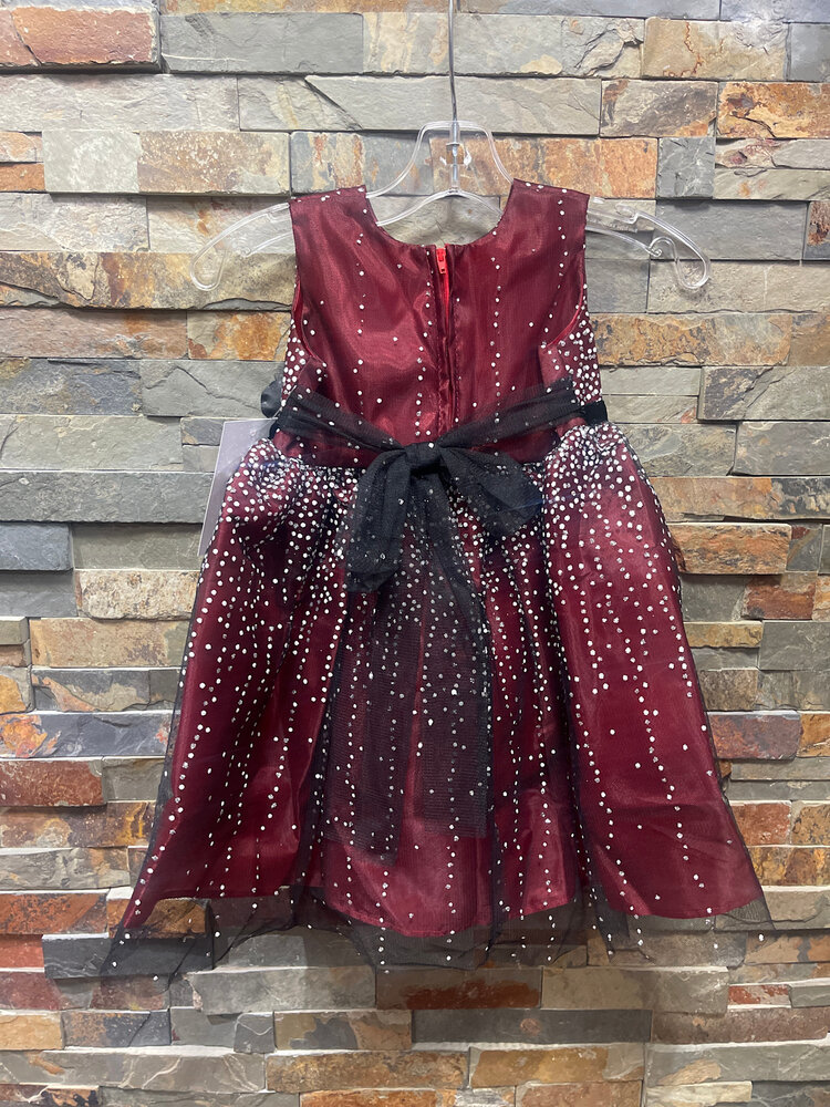 Deep Red Baby Sequin Icicle Glitter Mesh Dress