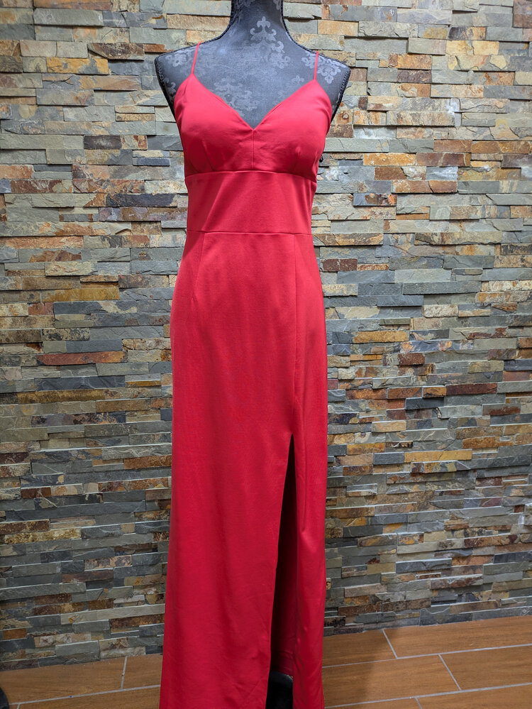 Adrianna Papell Tomato Red Spaghetti Strap Gown with Slit, Size 14