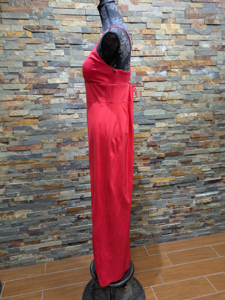 Adrianna Papell Tomato Red Spaghetti Strap Gown with Slit, Size 14