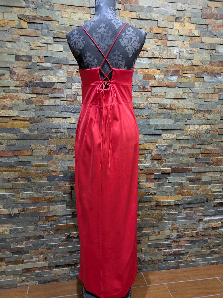 Adrianna Papell Tomato Red Spaghetti Strap Gown with Slit, Size 14