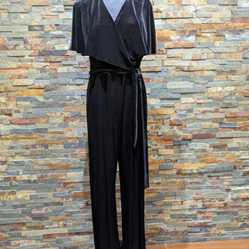 Black Velvet Jumpsuit with Caplet Sleeves, Size 12