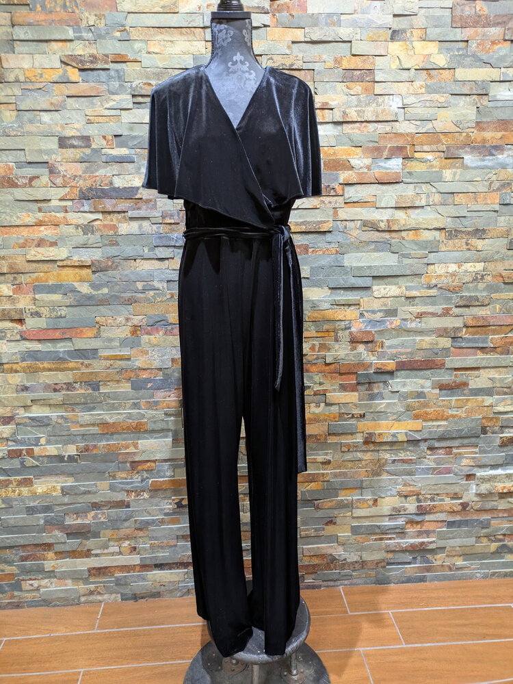 Black Velvet Jumpsuit with Caplet Sleeves, Size 12