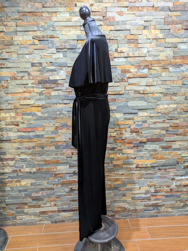 Black Velvet Jumpsuit with Caplet Sleeves, Size 12