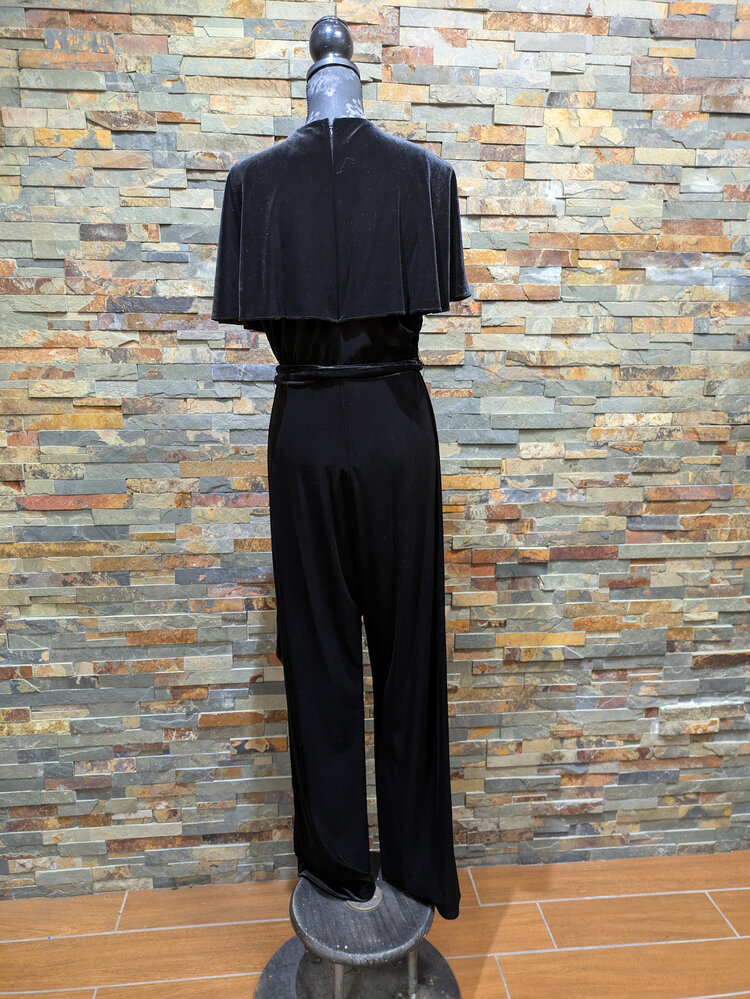 Black Velvet Jumpsuit with Caplet Sleeves, Size 12