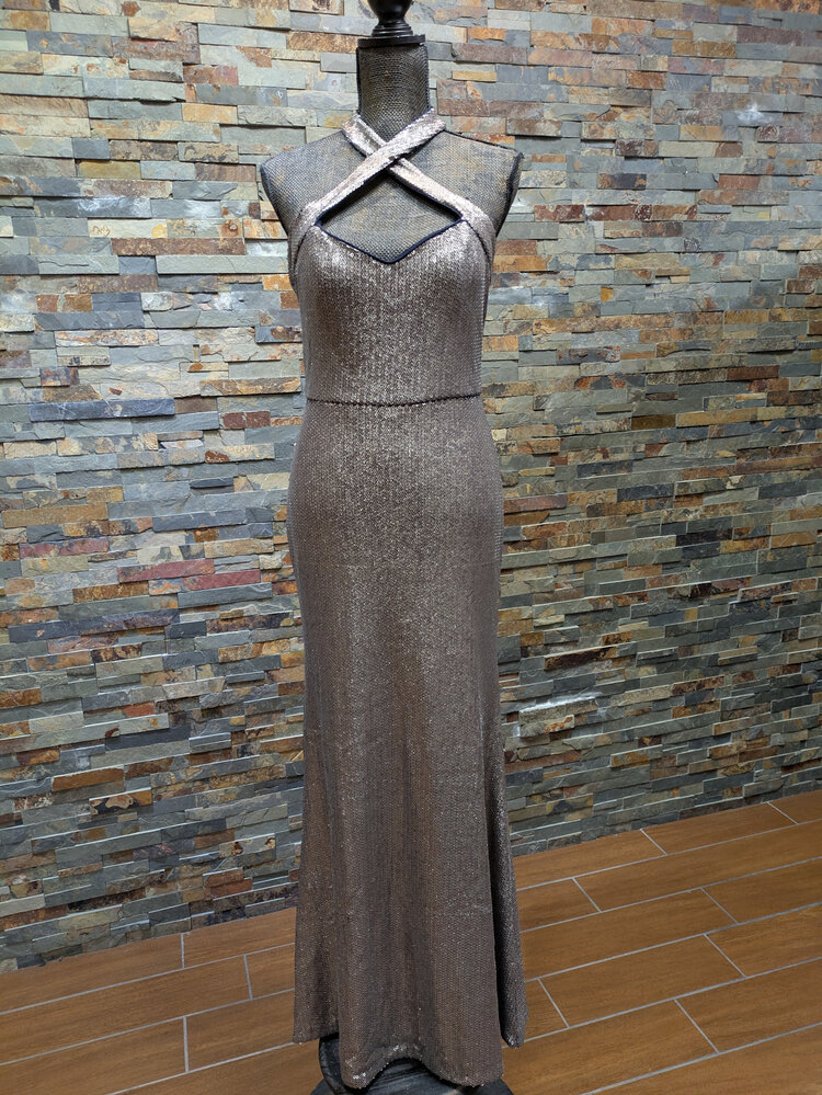 Xscape Gold Fully Sequin Navy Cross Strap  Gown, Size 10