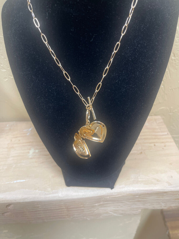 Brass Heart Embellished Locket with Paperclip Chain