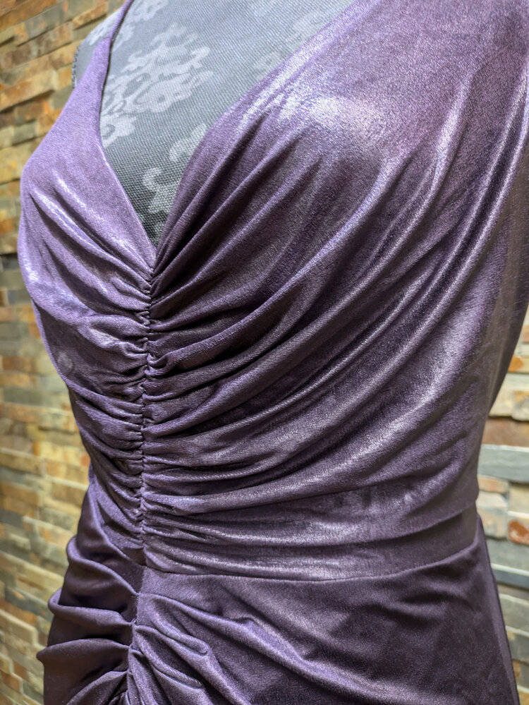 Adrianna Papell Aubergine Stretchy Ruched Spaghetti Strap Gown, Size 16