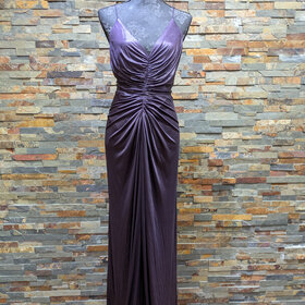 Adrianna Papell Aubergine Stretchy Ruched Spaghetti Strap Gown, Size 16