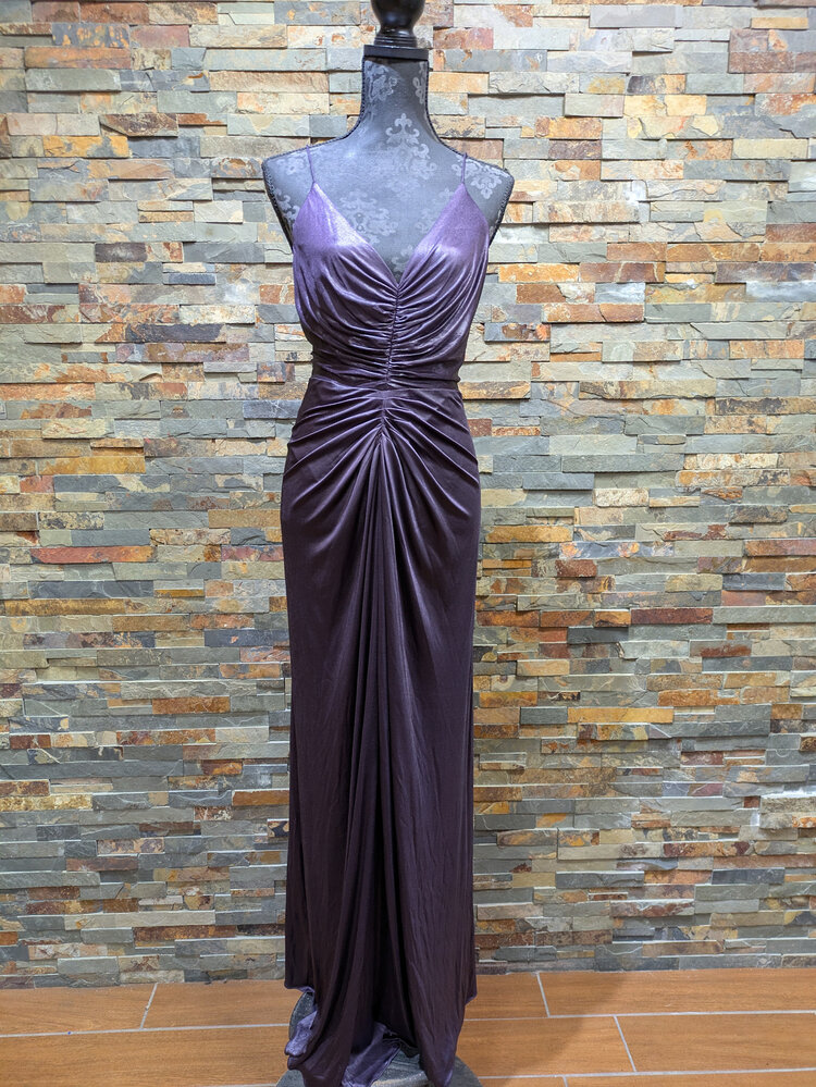 Adrianna Papell Aubergine Stretchy Ruched Spaghetti Strap Gown, Size 16