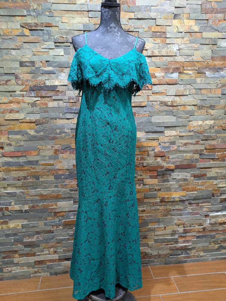 Ralph Lauren Ocean Emerald Lace Overlay Cold Shoulder Gown, Size 4
