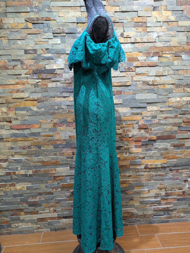Ralph Lauren Ocean Emerald Lace Overlay Cold Shoulder Gown, Size 4