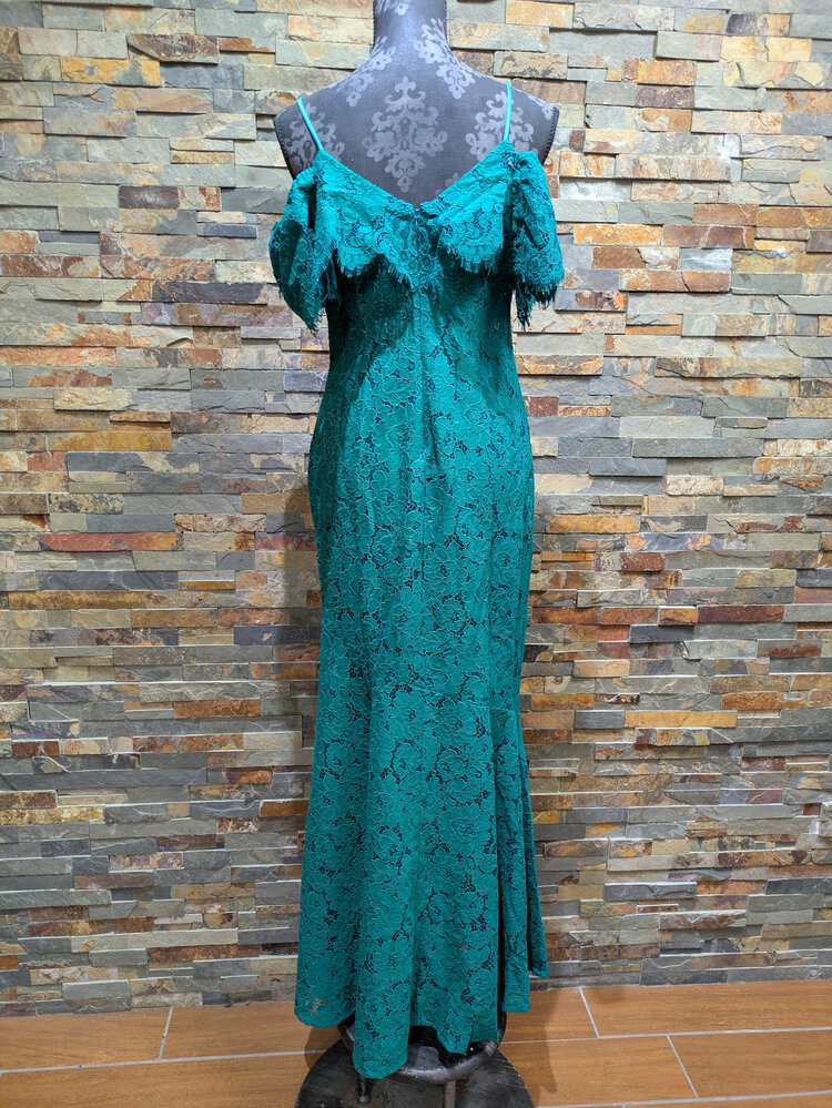 Ralph Lauren Ocean Emerald Lace Overlay Cold Shoulder Gown, Size 4