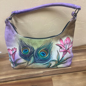 Anuschka Lilac Floral Handbag with Peacock Feathers