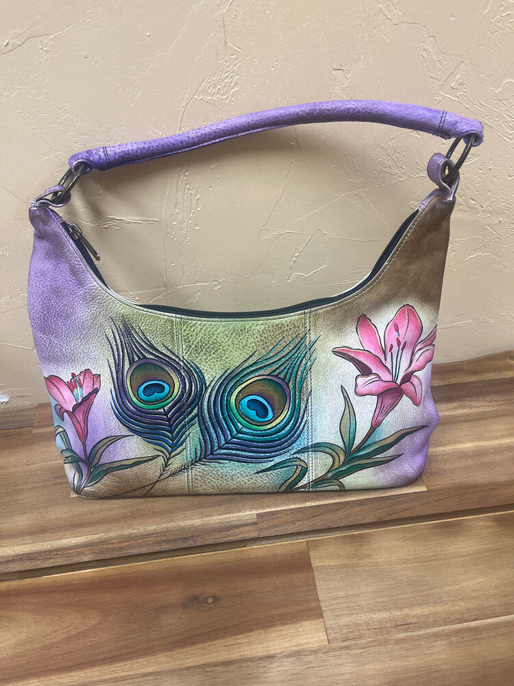 Anuschka Lilac Floral Handbag with Peacock Feathers