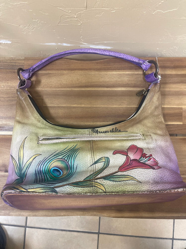 Anuschka Lilac Floral Handbag with Peacock Feathers