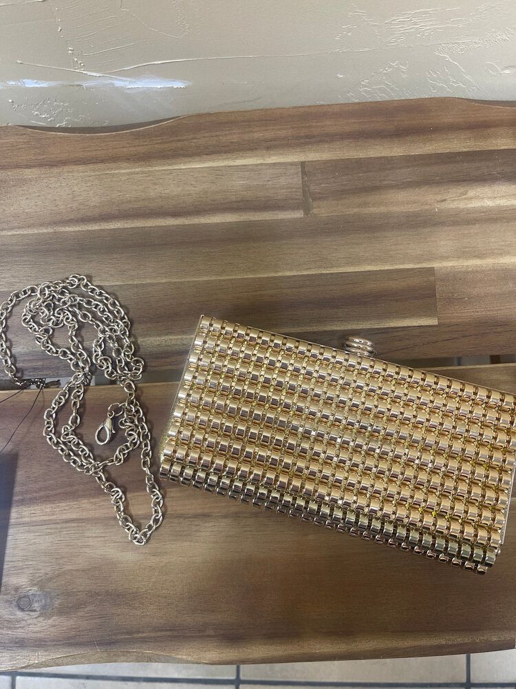 Cachet Yellow Gold Grooved Metal Design Handbag