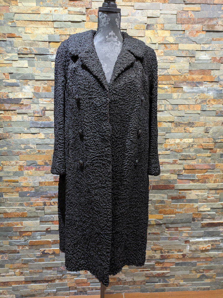 Black Persian Lamb Long Coat with Double Breasted Buttons, Size M