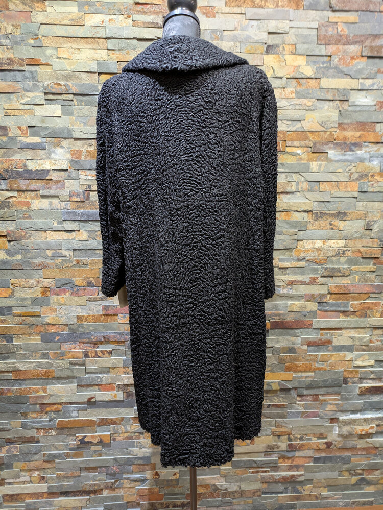 Black Persian Lamb Long Coat with Double Breasted Buttons, Size M