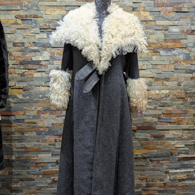 Gray Wool Long Coat with Curly Lamb Collar and Cuffs, Size XS