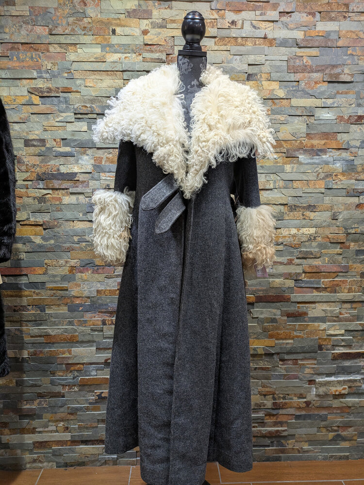 Gray Wool Long Coat with Curly Lamb Collar and Cuffs, Size XS