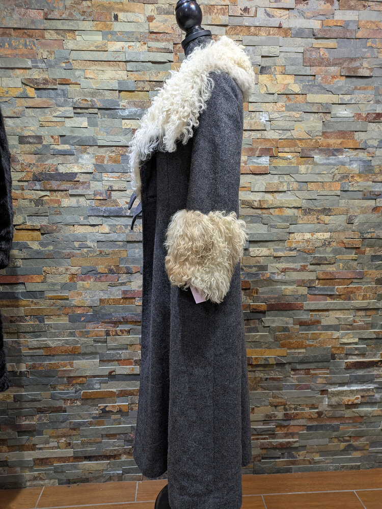 Gray Wool Long Coat with Curly Lamb Collar and Cuffs, Size XS