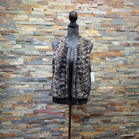 Caché Black Animal Print Faux Fur Vest with Studded Trim, Size L