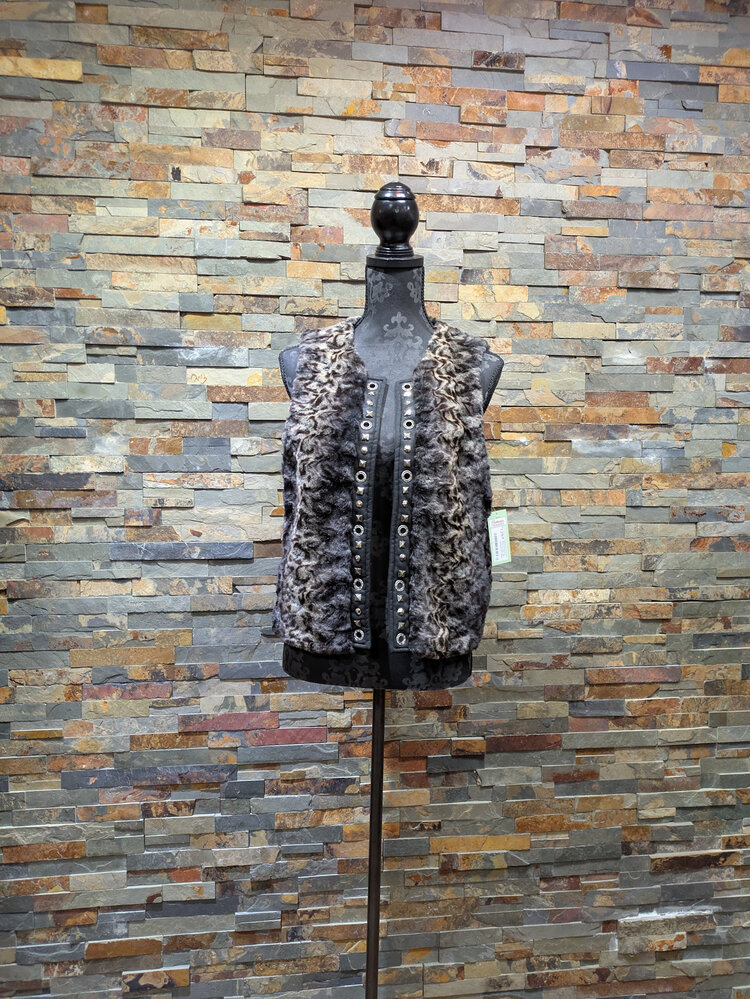 Caché Black Animal Print Faux Fur Vest with Studded Trim, Size L