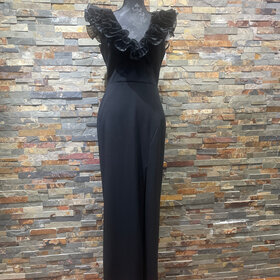Xscape Black Straight Gown with Ruffled V-Neck, Size 8
