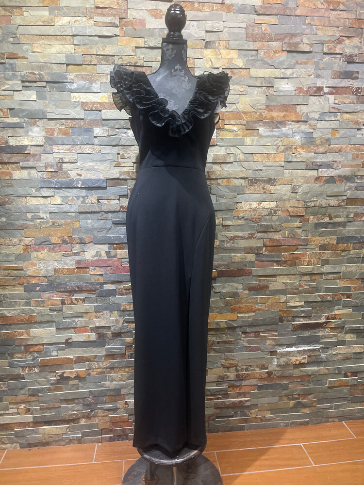 Xscape Black Straight Gown with Ruffled V-Neck, Size 8