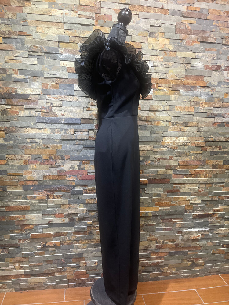 Xscape Black Straight Gown with Ruffled V-Neck, Size 8
