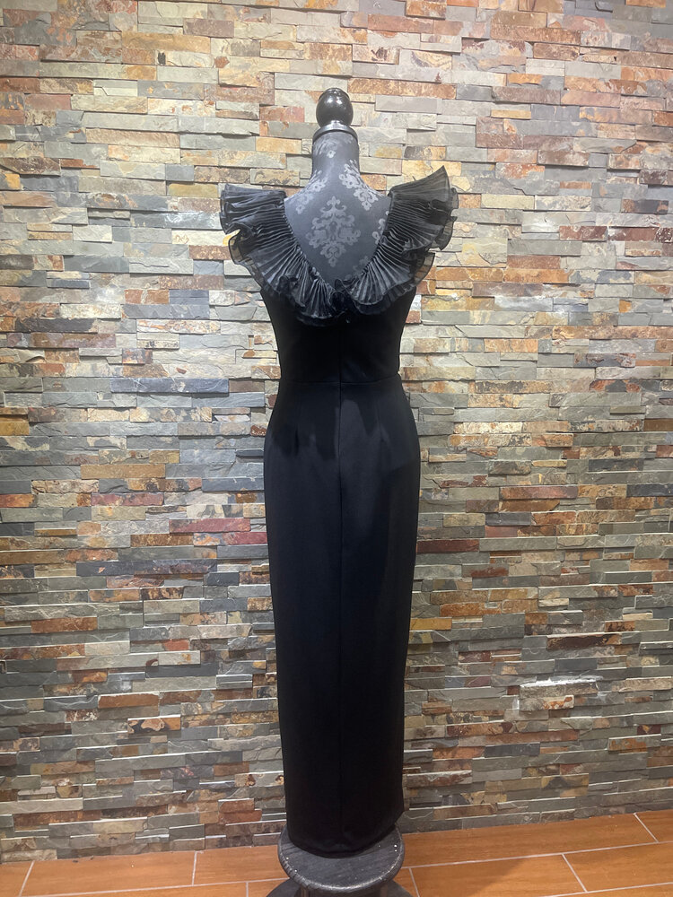 Xscape Black Straight Gown with Ruffled V-Neck, Size 8
