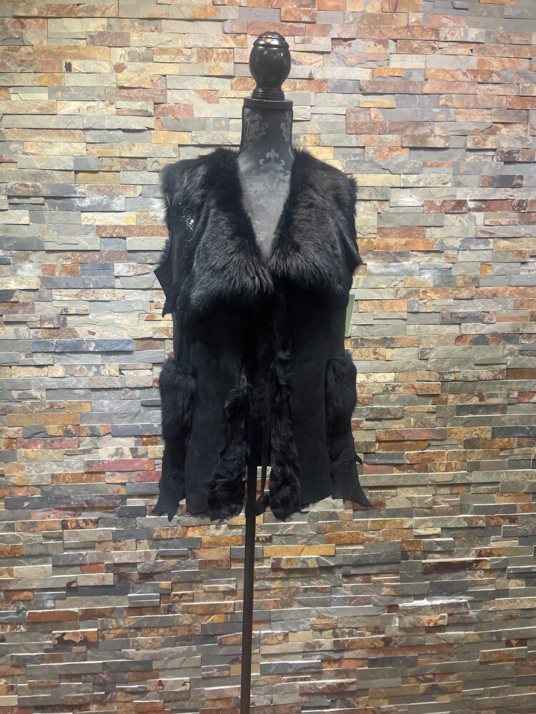 Black Shearling Vest Tie Closure Size L