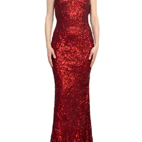 Burgundy Cap Sleeve Cowl Back Sequin Bodycon Gown, Size 18