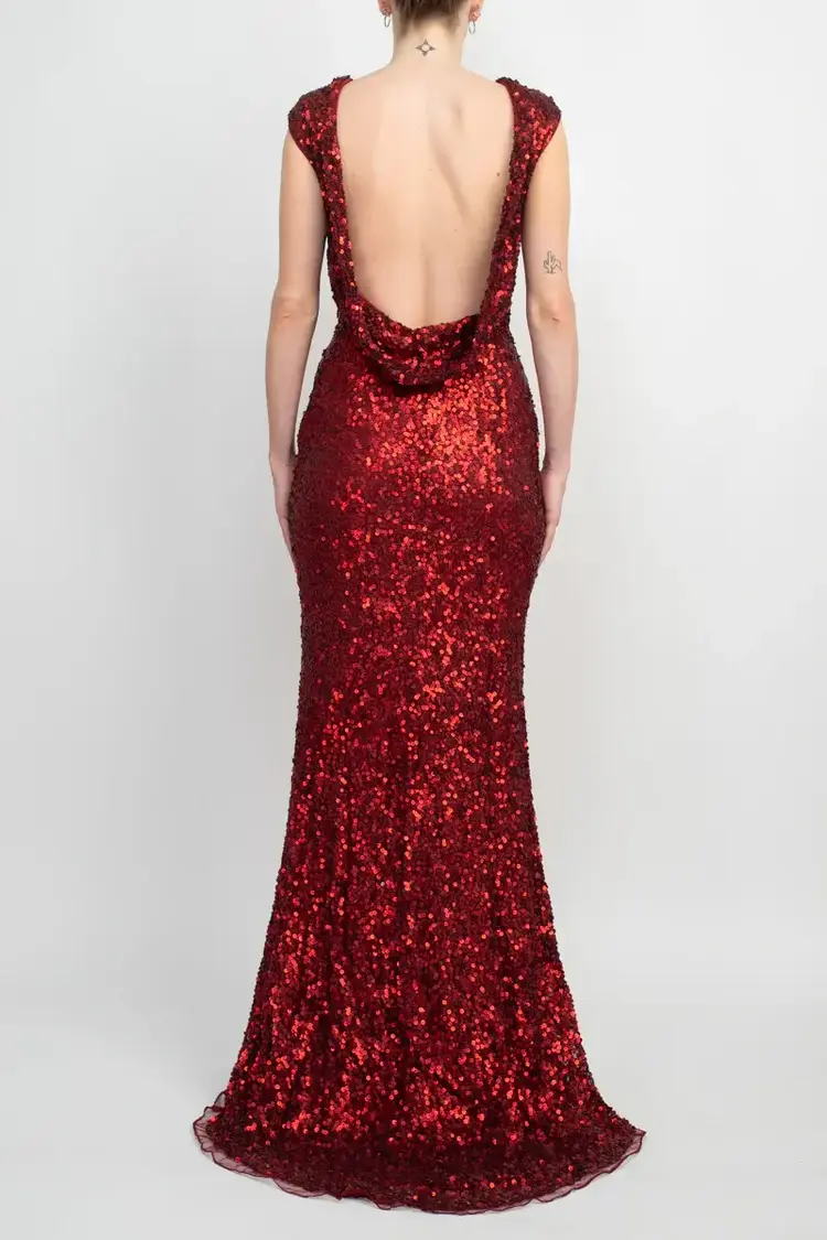 Burgundy Cap Sleeve Cowl Back Sequin Bodycon Gown, Size 18