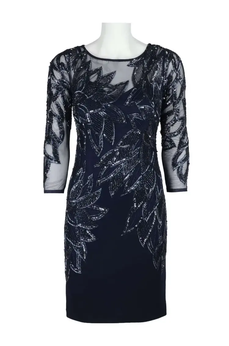 Aidan Mattox Navy Twilight Scoop Neck 3/4 Sleeve Embellished Dress, Size 0