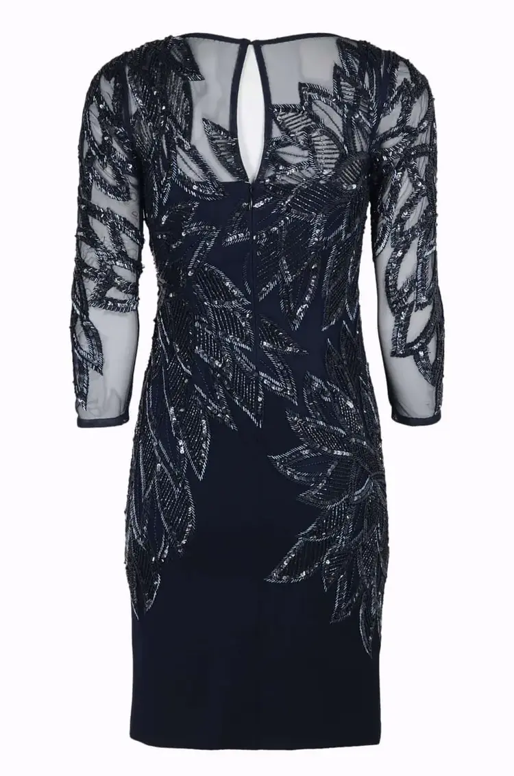 Aidan Mattox Navy Twilight Scoop Neck 3/4 Sleeve Embellished Dress, Size 0