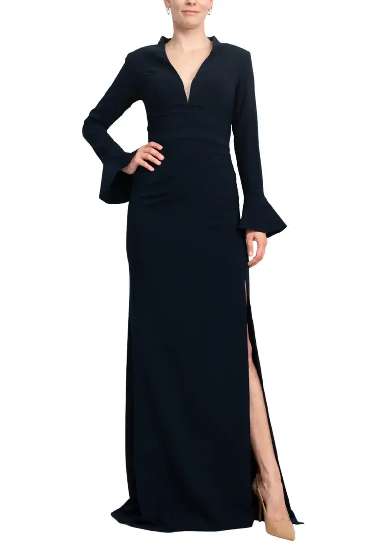 Jovani Navy Crepe Long Sleeve Side Slit Gown, Size 16