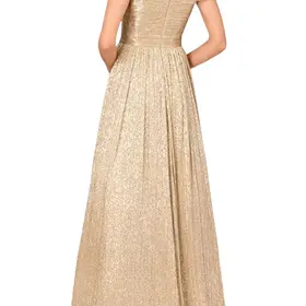 Aidan Mattox Gold Off the Shoulder Metallic Pleated Mesh Gown, Size 6