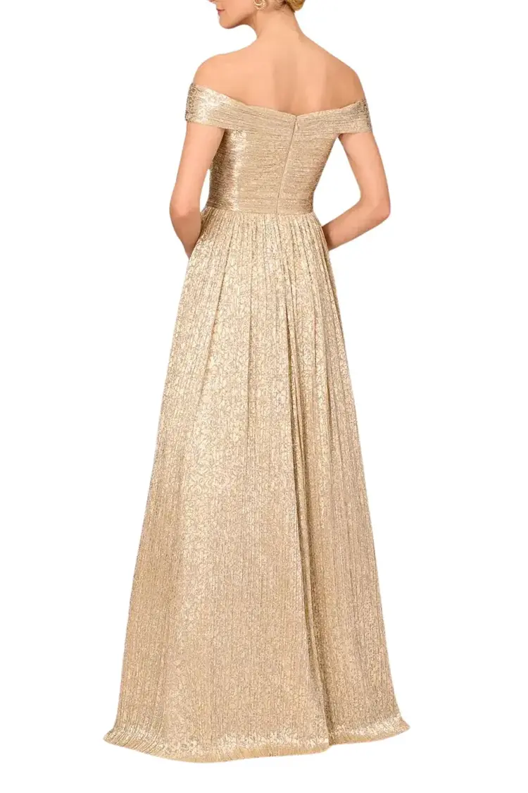 Aidan Mattox Gold Off the Shoulder Metallic Pleated Mesh Gown, Size 6